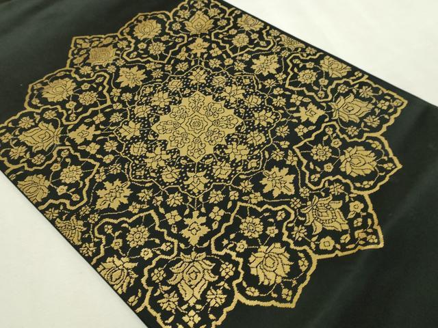 平和屋本店▼西陣 老舗 渡文謹製 手織 九寸開き名古屋帯 正倉院花文 黒地 本金箔24k 正絹 逸品 DABI1236sf