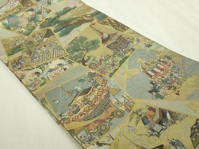 平和屋本店▼西陣あさぎ 丸帯 日本屏風絵大観 プラチナ本金箔 壱仟八百口織 正絹 逸品 DABI1238sf