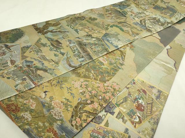 平和屋本店▼西陣あさぎ 丸帯 日本屏風絵大観 プラチナ本金箔 壱仟八百口織 正絹 逸品 DABI1238sf