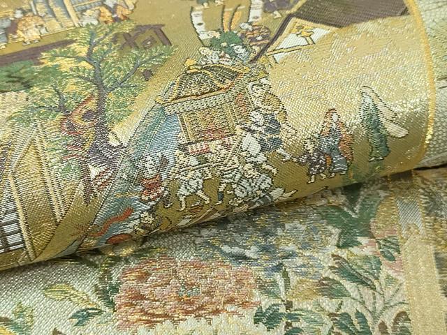 平和屋本店▼西陣あさぎ 丸帯 日本屏風絵大観 プラチナ本金箔 壱仟八百口織 正絹 逸品 DABI1238sf