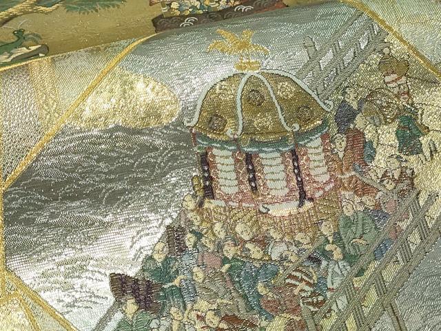 平和屋本店▼西陣あさぎ 丸帯 日本屏風絵大観 プラチナ本金箔 壱仟八百口織 正絹 逸品 DABI1238sf