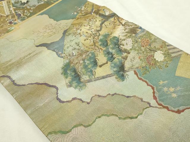 平和屋本店▼西陣あさぎ 丸帯 日本屏風絵大観 プラチナ本金箔 壱仟八百口織 正絹 逸品 DABI1238sf
