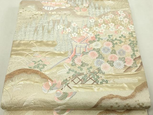 平和屋本店▼六通柄袋帯 唐織 九百錦 風景草花文 純金箔 正絹 逸品 DABI1248sf