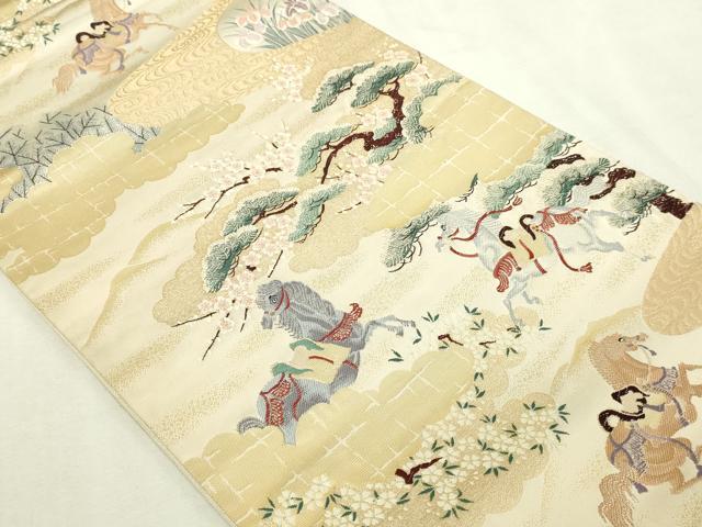 平和屋本店▼六通柄袋帯 古典雅錦 草花文 馬 本金箔 正絹 逸品 DABI1254sf