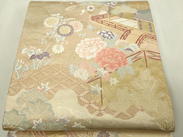 平和屋本店▼六通柄袋帯 唐織 風景草花文 松竹梅 本金箔錦 二重織 正絹 逸品 DABI1264sf