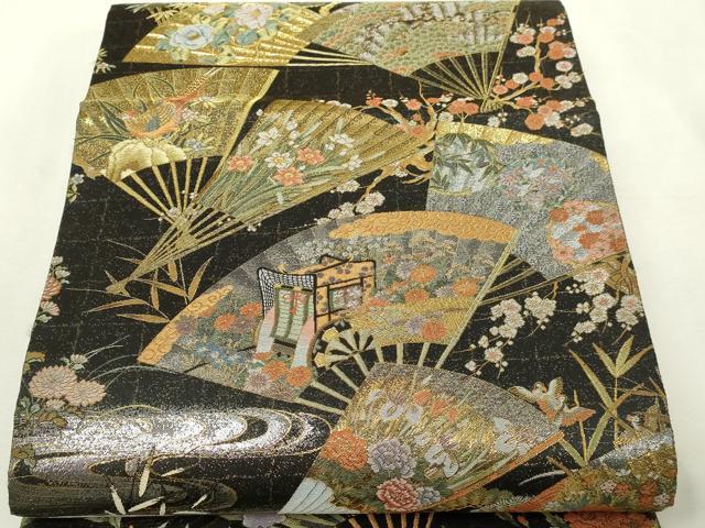 平和屋本店▼西陣あさぎ 丸帯 桃山百双屏風文 本金・プラチナ・黒漆箔 壱仟八百口織 正絹 逸品 DABI1276sf