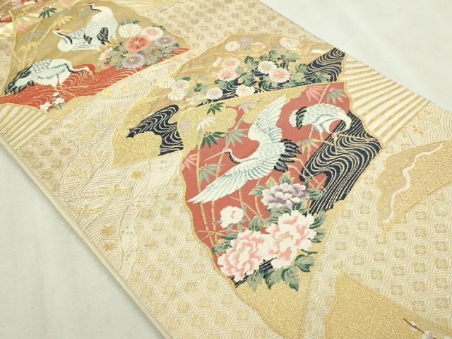 平和屋本店▼六通柄袋帯 群れ鶴草花文 本金箔 正絹 逸品 DABI1284sf