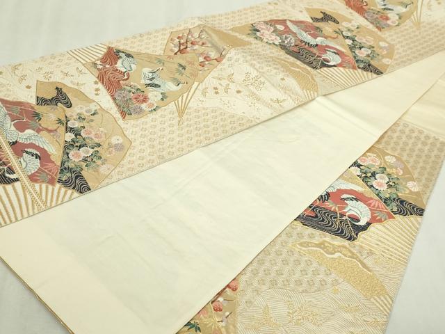 平和屋本店▼六通柄袋帯 群れ鶴草花文 本金箔 正絹 逸品 DABI1284sf
