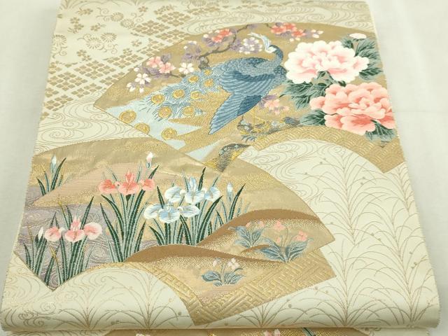 平和屋本店▼六通柄袋帯 唐織 琳派扇面孔雀文 九百本金箔 正絹 逸品 DABI1292sf