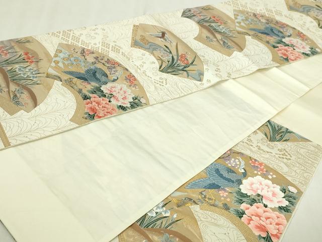 平和屋本店▼六通柄袋帯 唐織 琳派扇面孔雀文 九百本金箔 正絹 逸品 DABI1292sf