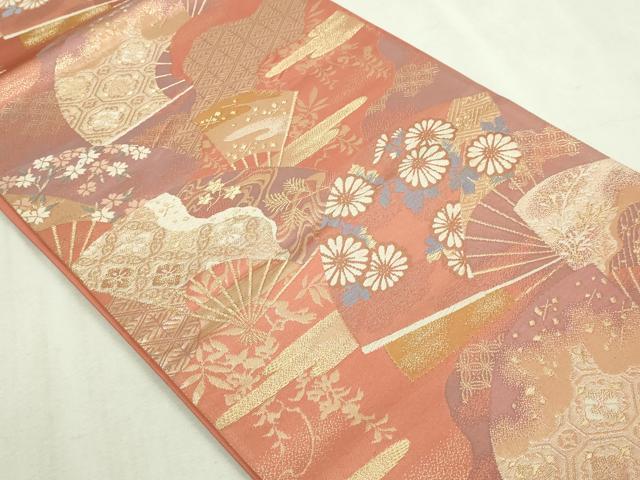 平和屋本店▼六通柄袋帯 扇面草花文 純銀純銀箔 正絹 逸品 DABI1294sf