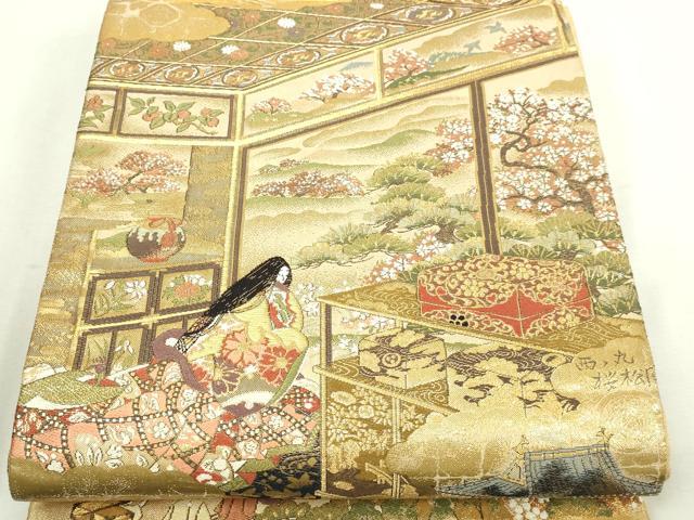 平和屋本店▼両方向全通柄袋帯 人物風景文 本金箔 プラチナ箔 正絹 逸品 DABI1301sf