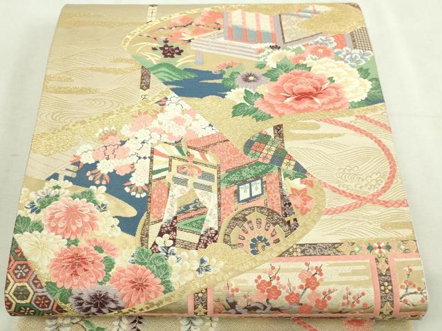 平和屋本店▼六通柄袋帯 唐織 九百錦 風景草花文 純金箔24k 正絹 逸品 DABI1306sf
