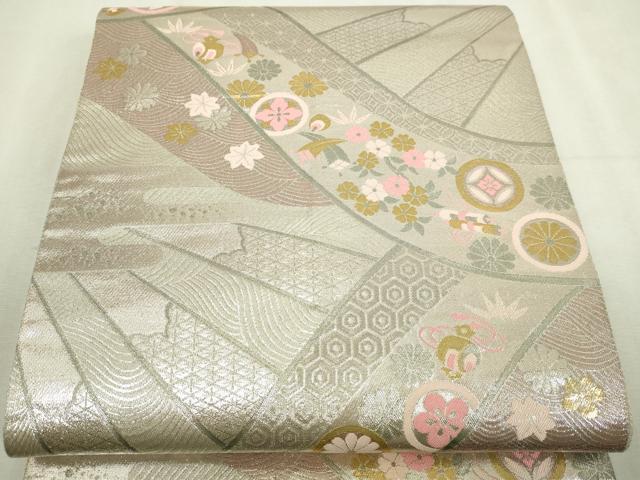 平和屋本店▼両面 全通柄袋帯 花蝶丸文 純金箔 正絹 逸品 DABI1314sf