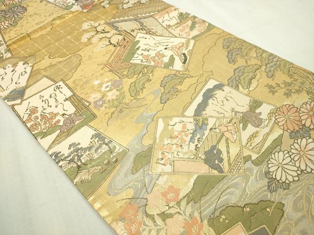 平和屋本店▼全通全景柄袋帯 花苑伊勢歌留多帖 本金 正絹 逸品 DABI1331sf