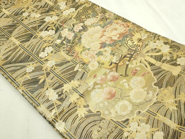 平和屋着物▼西陣あさぎ 双方向自在全通丸帯 四季都稚尽し 正絹 逸品 DABI1354s