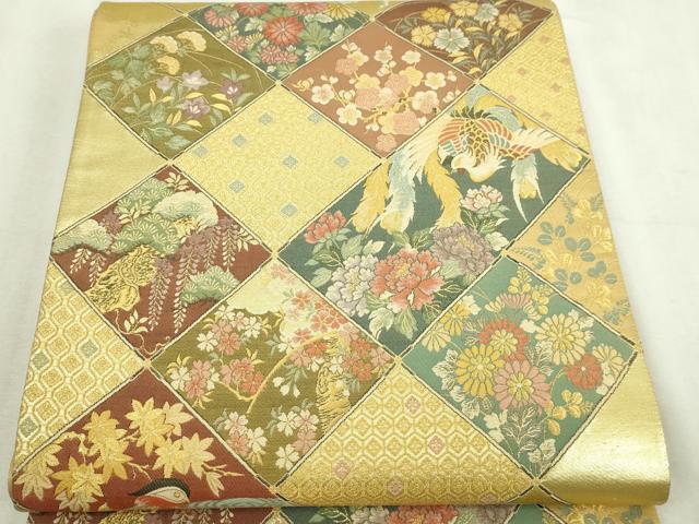 平和屋本店▼六通柄袋帯 孔雀花文 本金箔 正絹 逸品 DABI1371sf
