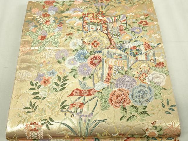 平和屋本店▼六通柄袋帯 唐織 華園御所文 九百本金弐重織 正絹 逸品 DABI1403sf