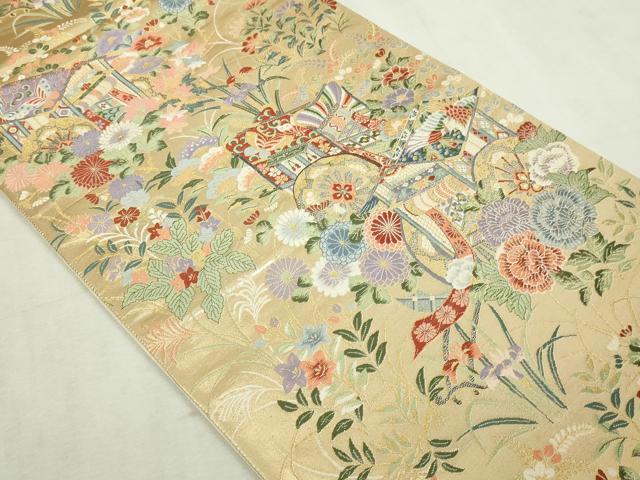 平和屋本店▼六通柄袋帯 唐織 華園御所文 九百本金弐重織 正絹 逸品 DABI1403sf