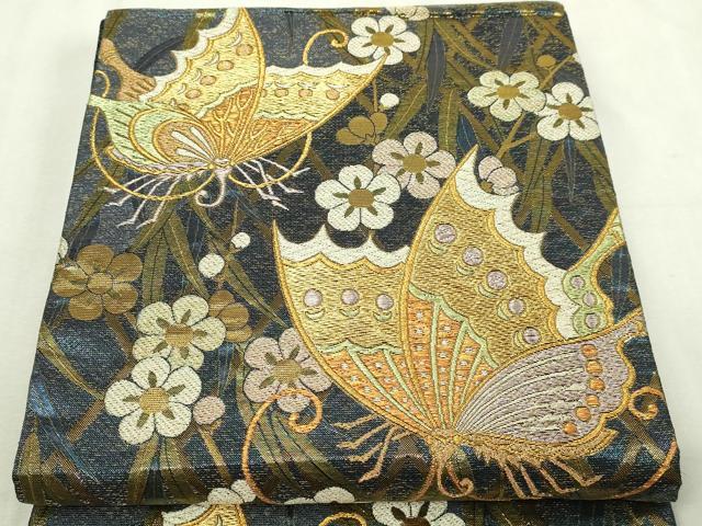 平和屋本店▼佐賀錦 六通柄袋帯 柳に触蝶梅文 本金箔 正絹 逸品 DABI1408sf