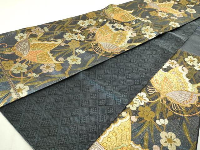 平和屋本店▼佐賀錦 六通柄袋帯 柳に触蝶梅文 本金箔 正絹 逸品 DABI1408sf