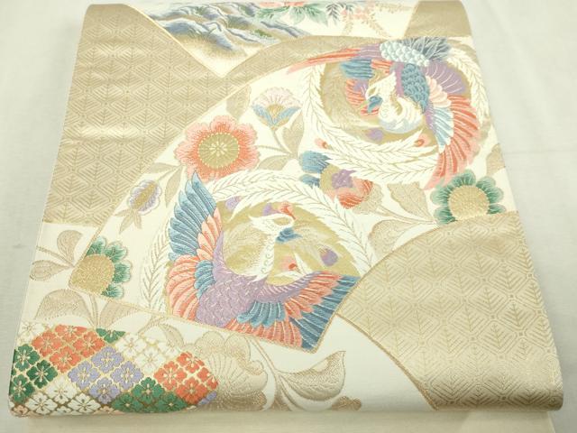 平和屋本店▼西陣 六通柄袋帯 唐織 扇面鳳凰紋文 本金九百錦 正絹 逸品 DABI1410sf