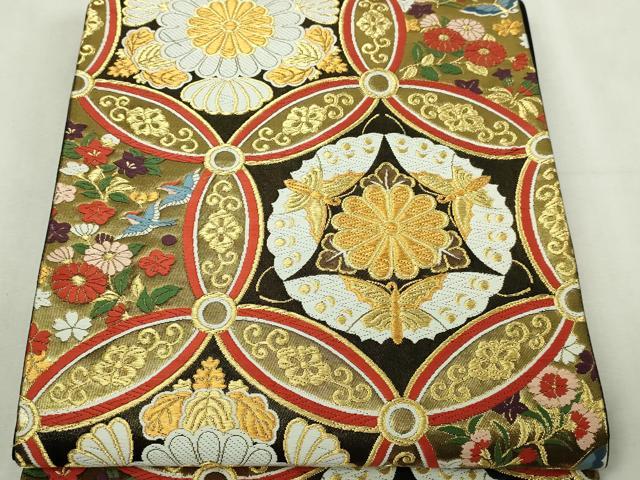 平和屋本店▼六通柄袋帯 唐織 万華菊蝶連文 黒地 本金箔 正絹 逸品 DABI1415sf