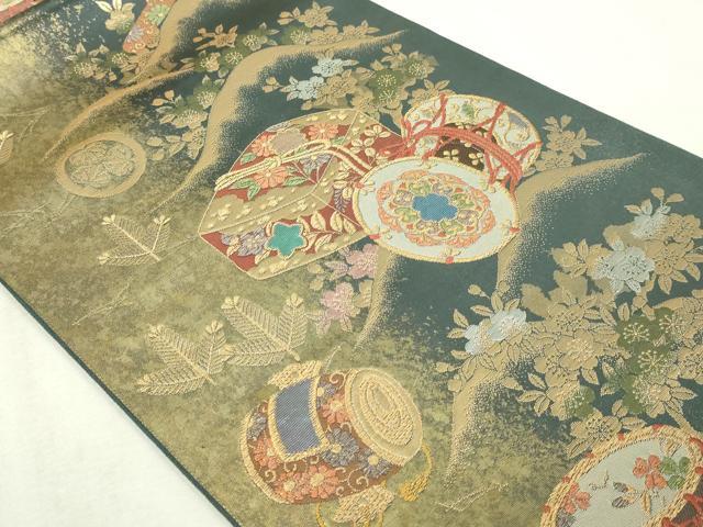 平和屋本店▼六通柄袋帯 楽器花文 螺鈿本金真珠箔 正絹 逸品 DABI1416sf