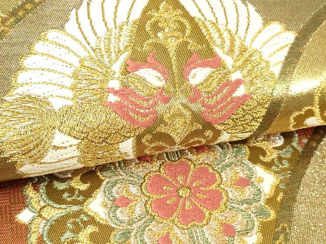 平和屋本店▼六通柄袋帯 唐織 双鶴正倉院花文 本金箔 金彩 正絹 逸品 DABI1418sf