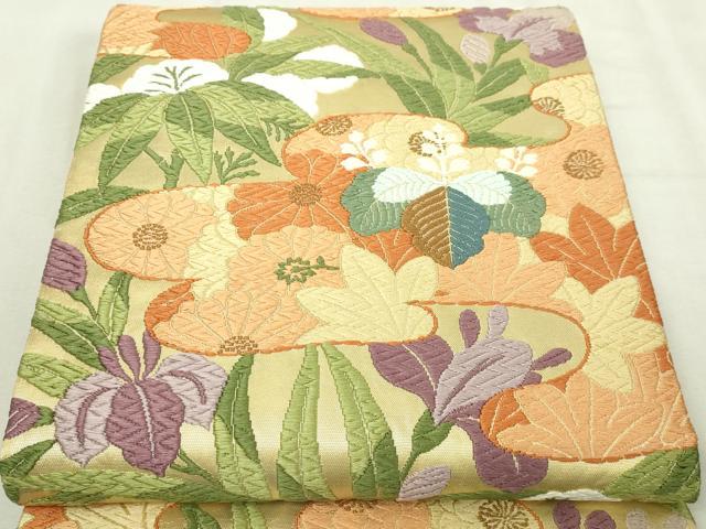 平和屋本店▼六通柄袋帯 唐織 草花文 本金箔 正絹 逸品 DABI1423sf