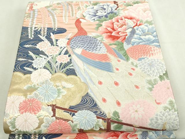 平和屋本店▼六通柄袋帯 唐織 九百錦 名庭孔雀花文 純金箔 正絹 逸品 DABI1434sf