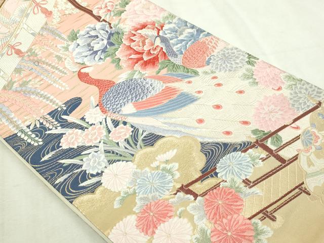 平和屋本店▼六通柄袋帯 唐織 九百錦 名庭孔雀花文 純金箔 正絹 逸品 DABI1434sf
