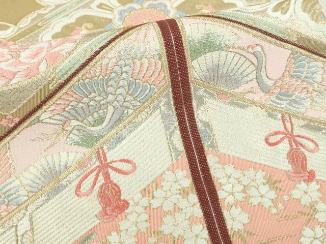 平和屋本店▼六通柄袋帯 唐織 九百錦 名庭孔雀花文 純金箔 正絹 逸品 DABI1434sf
