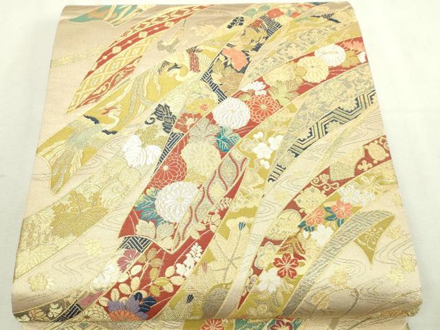 平和屋本店▼六通柄袋帯 熨斗目菊鳥花 本金箔 正絹 逸品 DABI1438sf