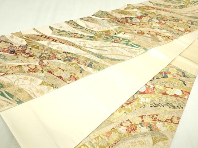 平和屋本店▼六通柄袋帯 熨斗目菊鳥花 本金箔 正絹 逸品 DABI1438sf