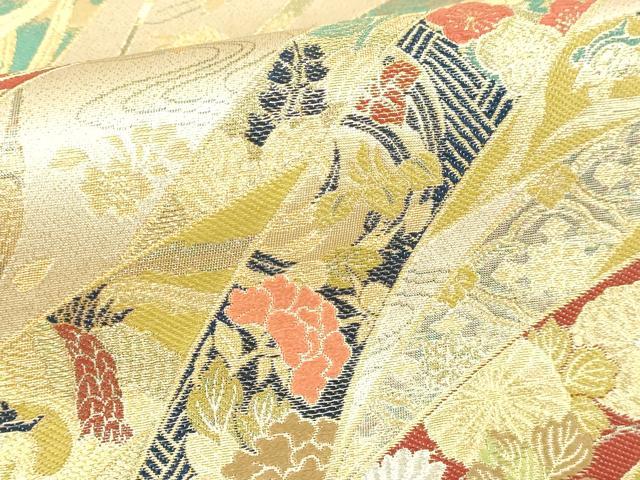 平和屋本店▼六通柄袋帯 熨斗目菊鳥花 本金箔 正絹 逸品 DABI1438sf
