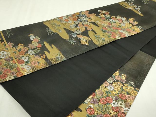 平和屋本店▼六通柄袋帯 重美東山蒔繪 菊稚重陽国 黒地 本金箔 正絹 逸品 DABI1496sf