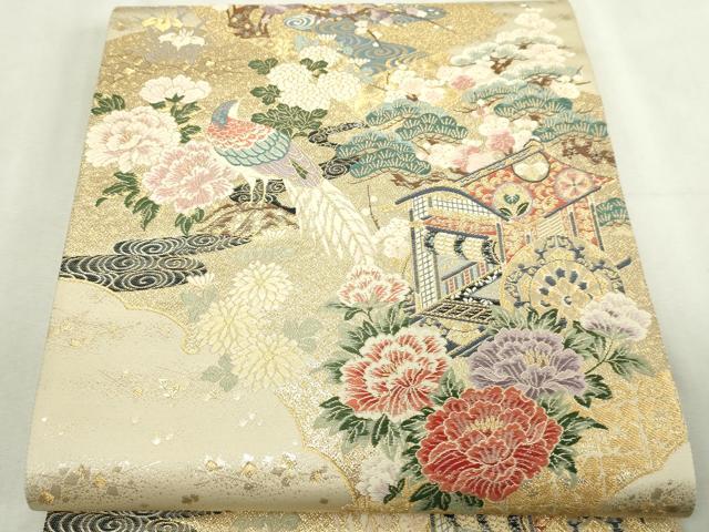 平和屋本店▼六通柄袋帯 唐織 山鳥御所車 九百本金弐重織 正絹 逸品 DABI1498sf