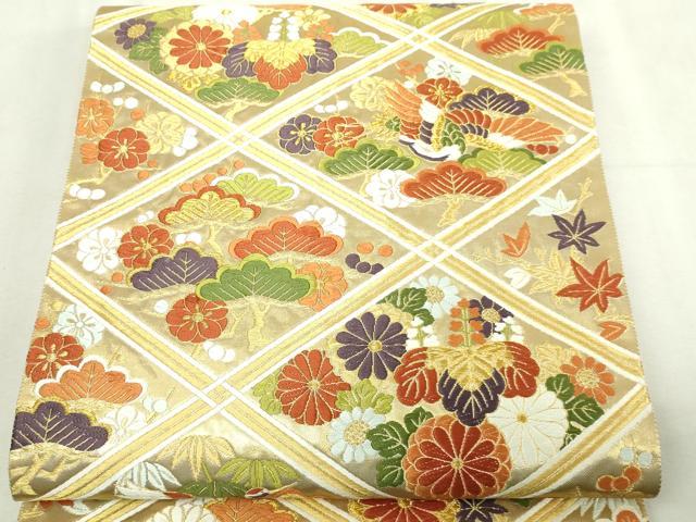 平和屋本店▼六通柄袋帯 唐織 菱取鹿花鳥文 本金箔 正絹 逸品 DABI1508sf