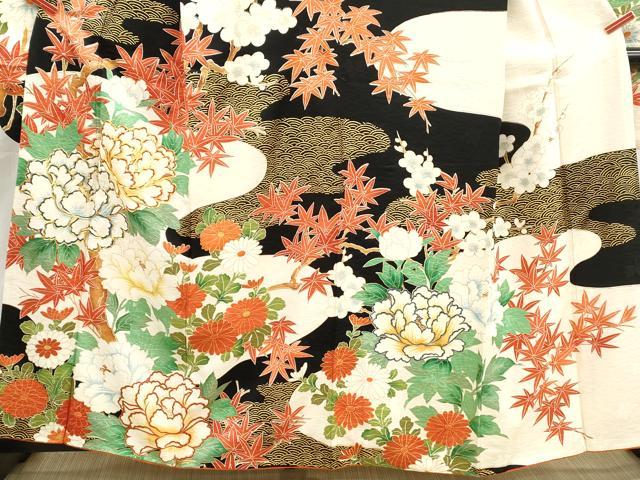平和屋着物■豪華振袖 駒刺繍 道長牡丹文 黒地 金彩 正絹 逸品 DABI1521qa