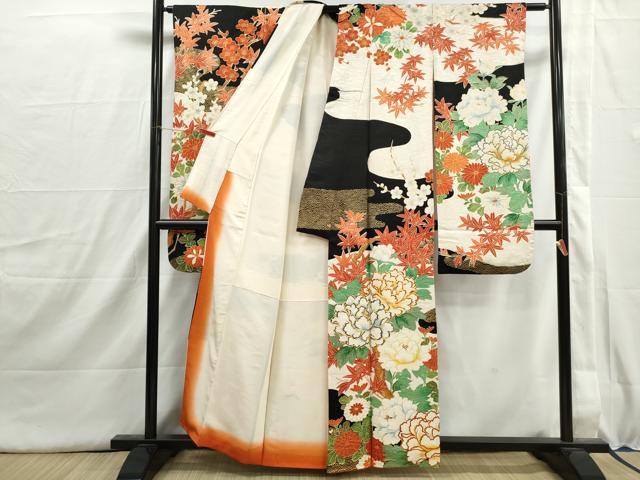 平和屋着物■豪華振袖 駒刺繍 道長牡丹文 黒地 金彩 正絹 逸品 DABI1521qa