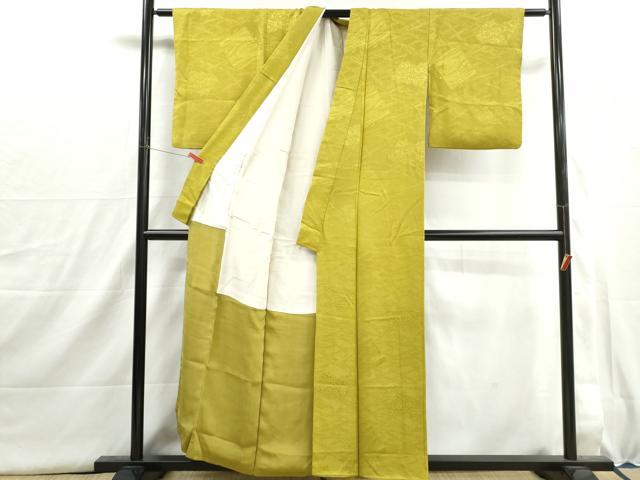 平和屋着物■上質な色無地 破れ色紙花地紋 鶸色 正絹 逸品 DABI1523qa