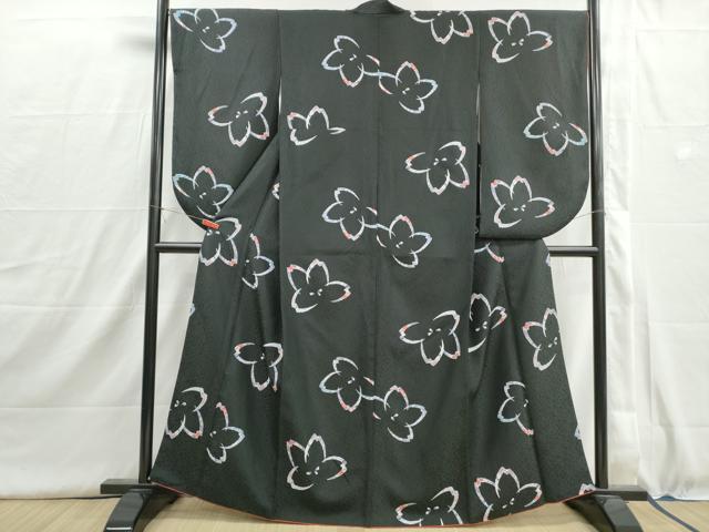 平和屋着物■小振袖 二尺袖 ふくれ桜 黒地 洗える着物 DABI1549qa