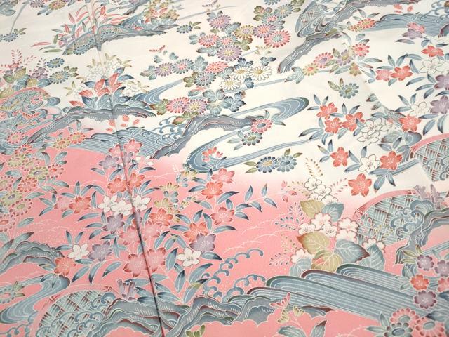 平和屋着物■訪問着 流水草花文 暈し染め 正絹 逸品 DABI1581qa