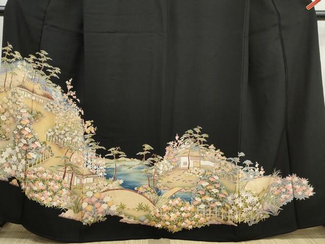 平和屋着物■豪華黒留袖 友禅 風景花松文 暈し染め 正絹 逸品 DABI1737qa