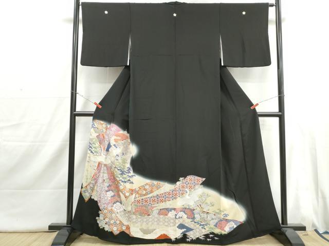 平和屋着物■豪華黒留袖 駒刺繍 束ね熨斗飛鶴花松文 暈し染め 金彩 正絹 逸品 DABI1739qa
