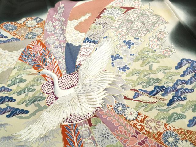 平和屋着物■豪華黒留袖 駒刺繍 束ね熨斗飛鶴花松文 暈し染め 金彩 正絹 逸品 DABI1739qa