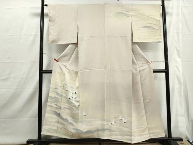 平和屋着物■染色作家 安達華生 訪問着 風景群鶴文 正絹 逸品 DABI1783qa