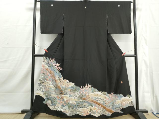 平和屋着物■豪華黒留袖 作家文 渡橋風景花文 松竹梅 金銀彩 正絹 逸品 DABI1793qa