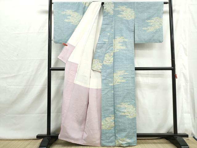 平和屋着物■小千谷紬 雲取り花文 正絹 逸品 DABI1808qa